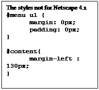 Text Box: The styles not for Netscape 4.x#menu ul {	margin: 0px;	padding: 0px;}#content{	margin-left : 130px;}